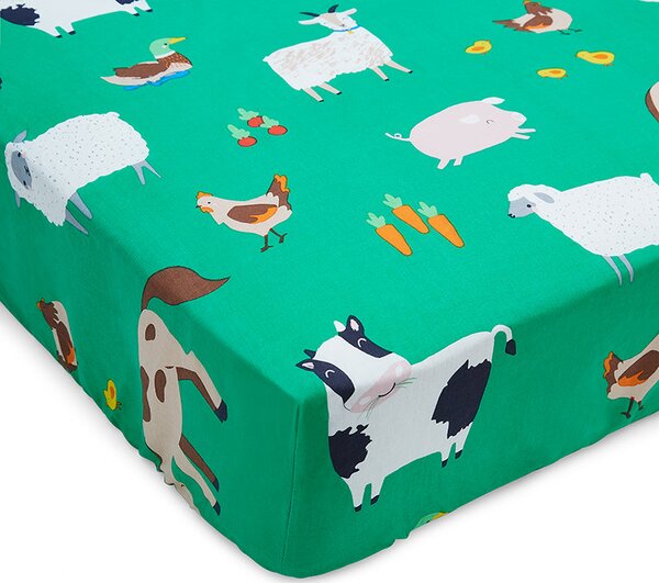 Catherine Lansfield Farmyard Animals Fitted Sheet Junior Green