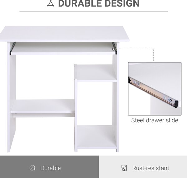 HOMCOM Compact Computer Table with Keyboard Tray, Storage Shelf, Wooden Corner Desk for Home Office, White Aosom UK