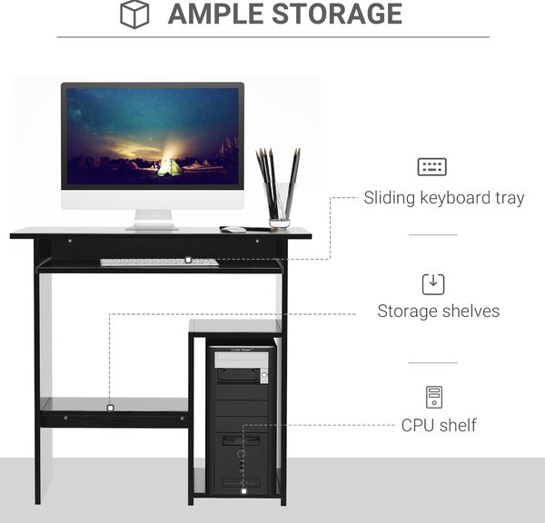 HOMCOM Compact Small Computer PC Table Wooden Desk Keyboard Tray Storage Shelf Modern Corner Table Home Office Gaming and Study Black