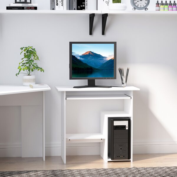 HOMCOM Compact Computer Table with Keyboard Tray, Storage Shelf, Wooden Corner Desk for Home Office, White Aosom UK