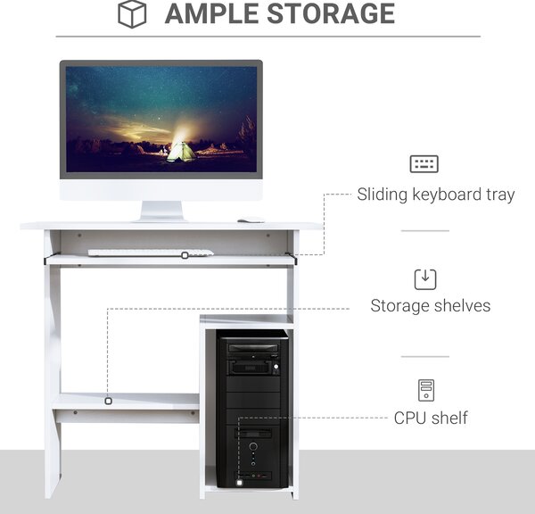 HOMCOM Compact Computer Table with Keyboard Tray, Storage Shelf, Wooden Corner Desk for Home Office, White Aosom UK