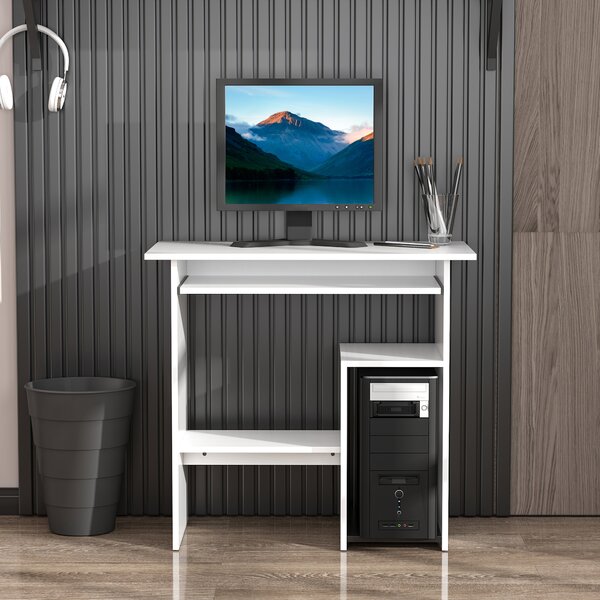 HOMCOM Compact Computer Table with Keyboard Tray, Storage Shelf, Wooden Corner Desk for Home Office, White Aosom UK