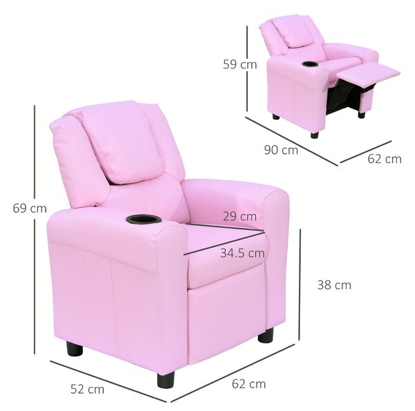 HOMCOM Children Recliner Armchair W/ Cup Holder-Pink Aosom UK