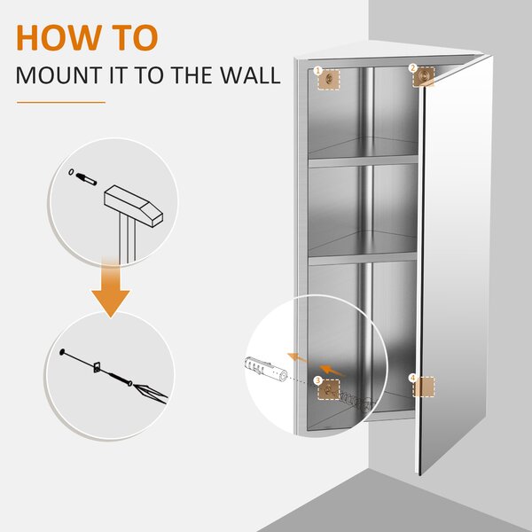 HOMCOM Stainless Mirror Cabinet, Steel Wall Mounted, Bathroom Corner Mirror Storage Cabinet, Single Door 300mm(W), Silver Aosom UK