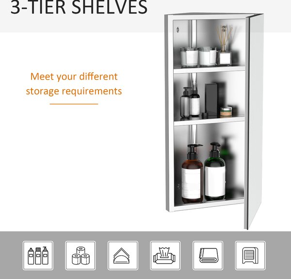 HOMCOM Stainless Mirror Cabinet, Steel Wall Mounted, Bathroom Corner Mirror Storage Cabinet, Single Door 300mm(W), Silver Aosom UK