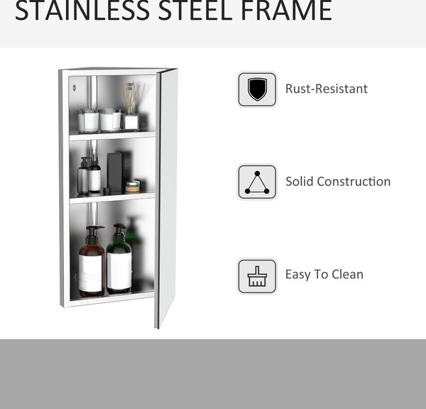 HOMCOM Stainless Mirror Cabinet, Steel Wall Mounted, Bathroom Corner Mirror Storage Cabinet, Single Door 300mm(W), Silver Aosom UK