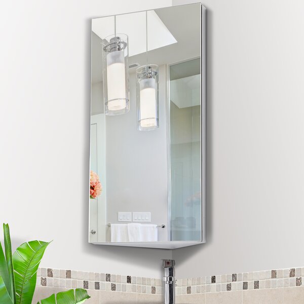 HOMCOM Stainless Mirror Cabinet, Steel Wall Mounted, Bathroom Corner Mirror Storage Cabinet, Single Door 300mm(W), Silver Aosom UK
