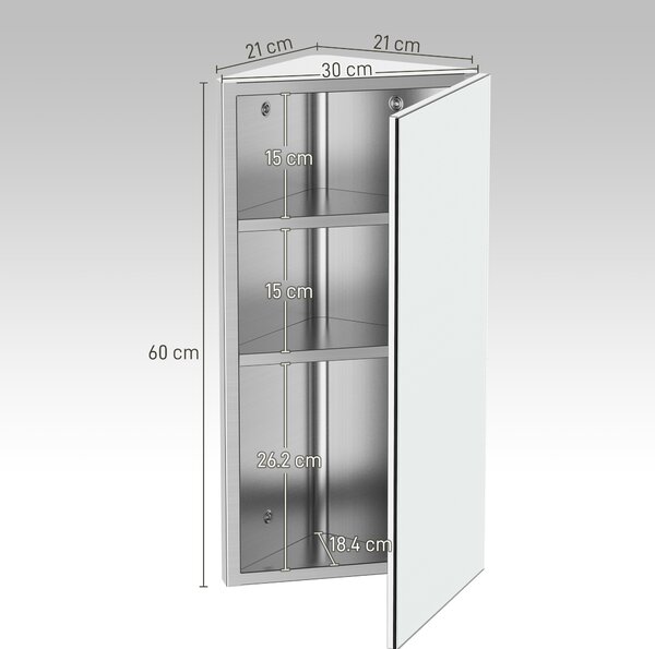 HOMCOM Stainless Mirror Cabinet, Steel Wall Mounted, Bathroom Corner Mirror Storage Cabinet, Single Door 300mm(W), Silver Aosom UK