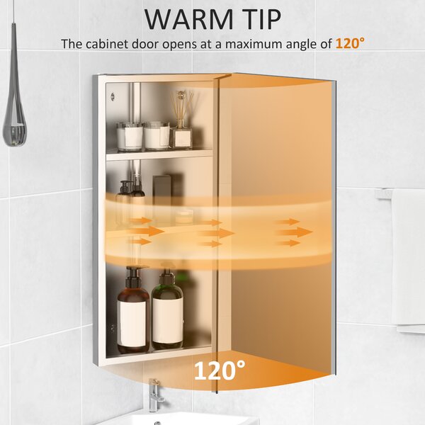 HOMCOM Stainless Mirror Cabinet, Steel Wall Mounted, Bathroom Corner Mirror Storage Cabinet, Single Door 300mm(W), Silver Aosom UK