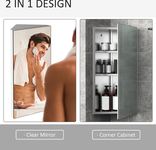 HOMCOM Stainless Mirror Cabinet, Steel Wall Mounted, Bathroom Corner Mirror Storage Cabinet, Single Door 300mm(W), Silver Aosom UK