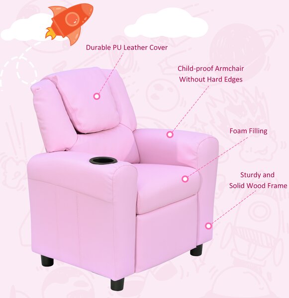 HOMCOM Children Recliner Armchair W/ Cup Holder-Pink Aosom UK