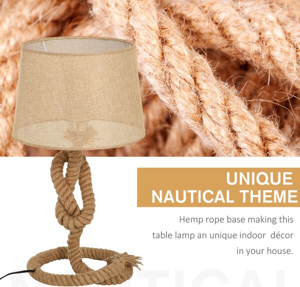 HOMCOM Nautical Style Rope-Base Table Lamp w/ Fabric Lampshade Metal Frame Power Switch Unique Lighting Furnishing Living Room Beige Aosom UK