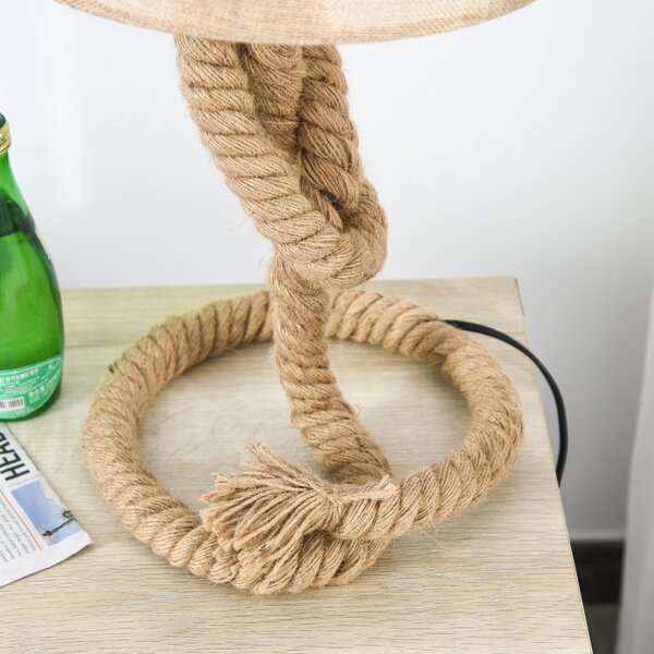 HOMCOM Nautical Style Rope-Base Table Lamp w/ Fabric Lampshade Metal Frame Power Switch Unique Lighting Furnishing Living Room Beige Aosom UK