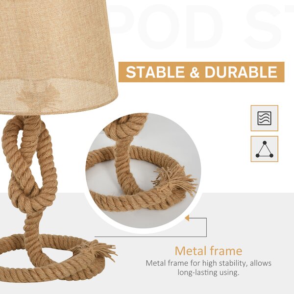 HOMCOM Nautical Style Rope-Base Table Lamp w/ Fabric Lampshade Metal Frame Power Switch Unique Lighting Furnishing Living Room Beige Aosom UK