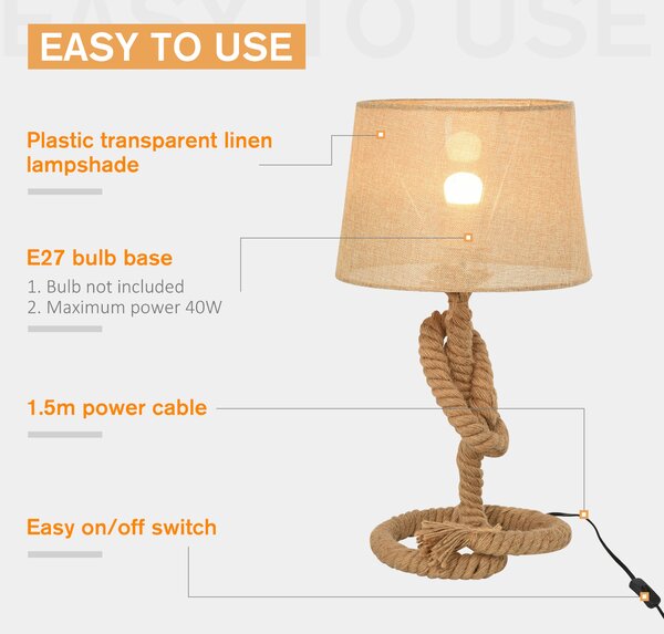 HOMCOM Nautical Style Rope-Base Table Lamp w/ Fabric Lampshade Metal Frame Power Switch Unique Lighting Furnishing Living Room Beige Aosom UK