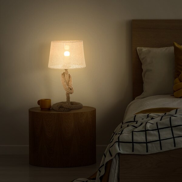 HOMCOM Nautical Style Rope-Base Table Lamp w/ Fabric Lampshade Metal Frame Power Switch Unique Lighting Furnishing Living Room Beige Aosom UK