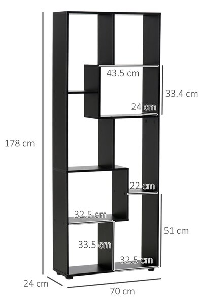 HOMCOM 8-Tier Bookshelf: Freestanding Melamine Display Unit, Anti-Tip Pads, Modern Black Grid Storage Stand Aosom UK