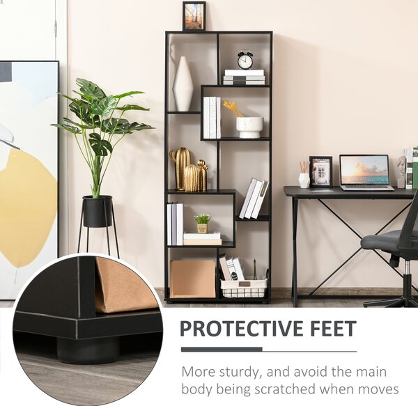 HOMCOM 8-Tier Bookshelf: Freestanding Melamine Display Unit, Anti-Tip Pads, Modern Black Grid Storage Stand Aosom UK