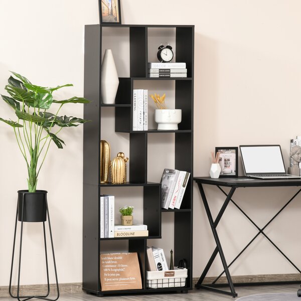 HOMCOM 8-Tier Bookshelf: Freestanding Melamine Display Unit, Anti-Tip Pads, Modern Black Grid Storage Stand Aosom UK