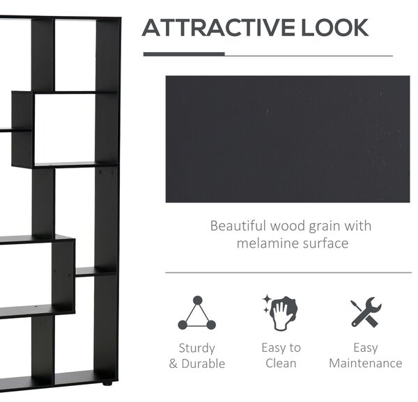 HOMCOM 8-Tier Bookshelf: Freestanding Melamine Display Unit, Anti-Tip Pads, Modern Black Grid Storage Stand Aosom UK
