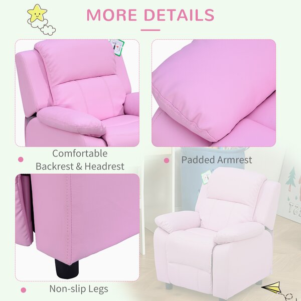 HOMCOM Kids Children Recliner Lounger Armchair Games Chair Sofa Seat PU Leather Look w/ Storage Space on Arms (Pink) Aosom UK