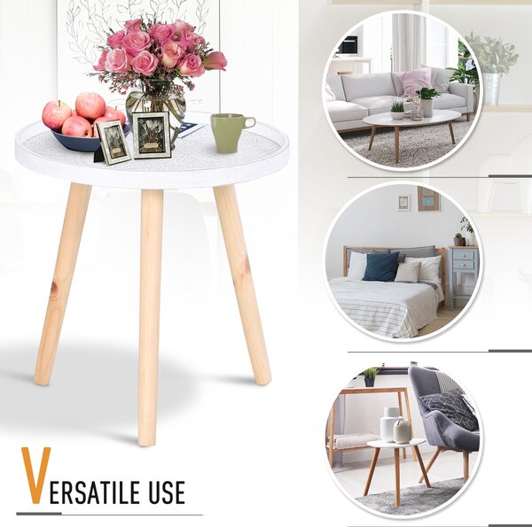 HOMCOM Elegant Flower Etched Side Table with Saucer Top, Wood Legs, for Living Room Bedroom, Coffee End Table, White Aosom UK