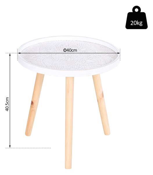 HOMCOM Elegant Flower Etched Side Table with Saucer Top, Wood Legs, for Living Room Bedroom, Coffee End Table, White Aosom UK