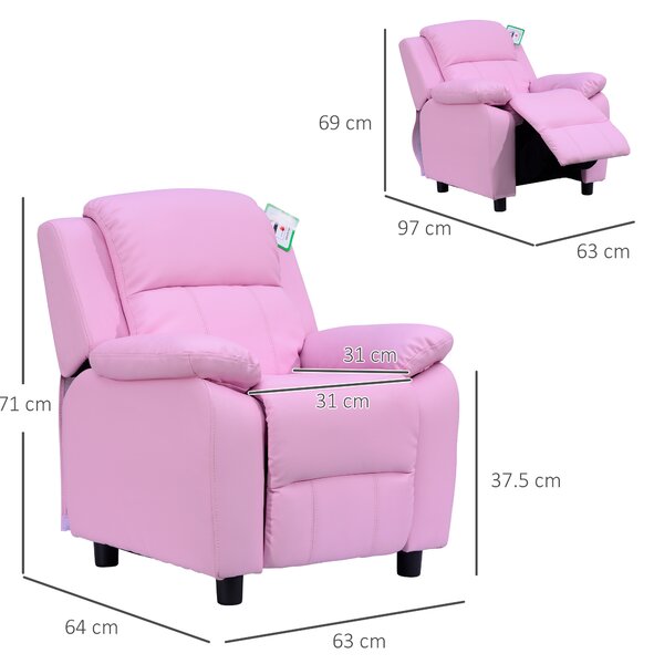 HOMCOM Kids Children Recliner Lounger Armchair Games Chair Sofa Seat PU Leather Look w/ Storage Space on Arms (Pink) Aosom UK