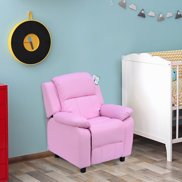 HOMCOM Kids Children Recliner Lounger Armchair Games Chair Sofa Seat PU Leather Look w/ Storage Space on Arms (Pink) Aosom UK