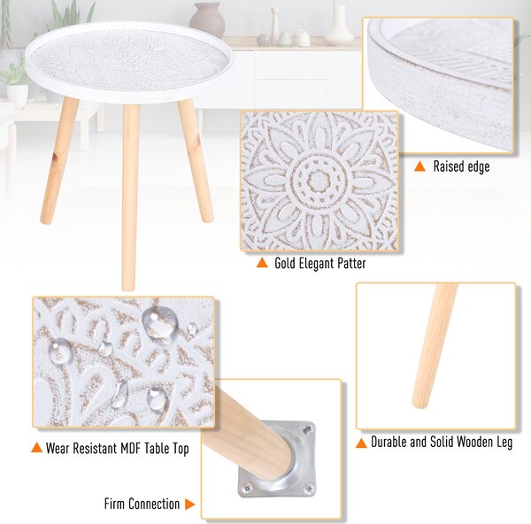 HOMCOM Elegant Flower Etched Side Table with Saucer Top, Wood Legs, for Living Room Bedroom, Coffee End Table, White Aosom UK