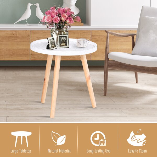 HOMCOM Elegant Flower Etched Side Table with Saucer Top, Wood Legs, for Living Room Bedroom, Coffee End Table, White Aosom UK