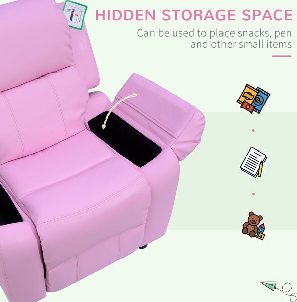 HOMCOM Kids Children Recliner Lounger Armchair Games Chair Sofa Seat PU Leather Look w/ Storage Space on Arms (Pink) Aosom UK