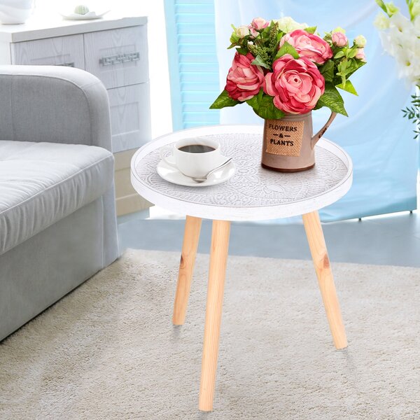 HOMCOM Elegant Flower Etched Side Table with Saucer Top, Wood Legs, for Living Room Bedroom, Coffee End Table, White Aosom UK