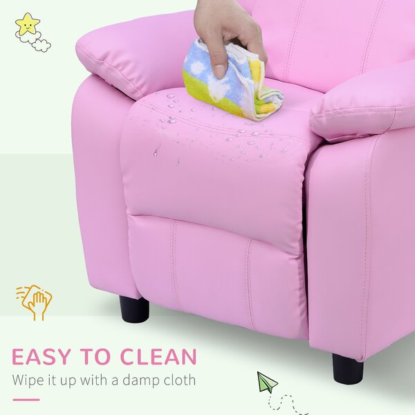 HOMCOM Kids Children Recliner Lounger Armchair Games Chair Sofa Seat PU Leather Look w/ Storage Space on Arms (Pink) Aosom UK