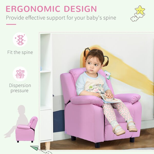 HOMCOM Kids Children Recliner Lounger Armchair Games Chair Sofa Seat PU Leather Look w/ Storage Space on Arms (Pink) Aosom UK