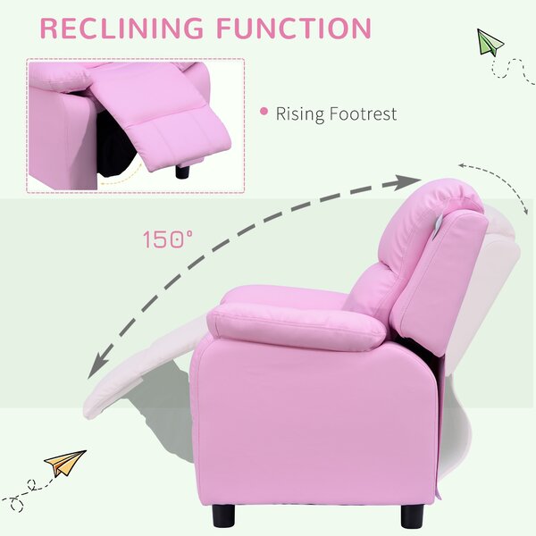 HOMCOM Kids Children Recliner Lounger Armchair Games Chair Sofa Seat PU Leather Look w/ Storage Space on Arms (Pink) Aosom UK