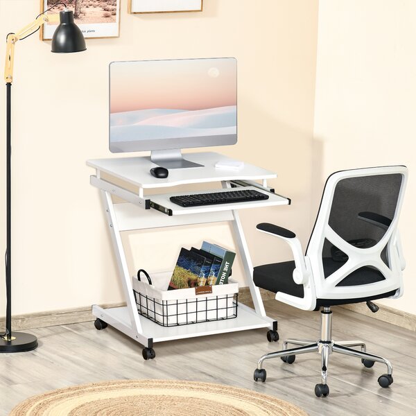HOMCOM Movable Compact Small Computer PC Desk with 4 Moving Wheels Sliding Keyboard Tray Home Office Gaming Study Workstation White Aosom UK