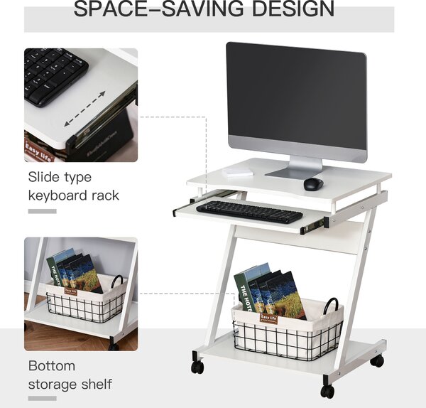 HOMCOM Movable Compact Small Computer PC Desk with 4 Moving Wheels Sliding Keyboard Tray Home Office Gaming Study Workstation White Aosom UK