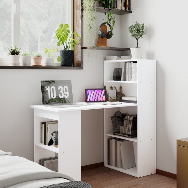 HOMCOM 120cm Modern Computer Desk Bookshelf Writing Table Workstation PC Laptop Study Home Office 6 Shelves White Aosom UK