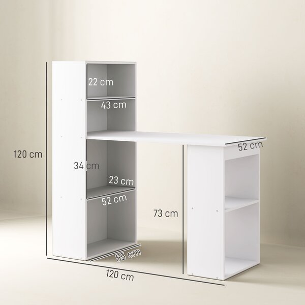 HOMCOM 120cm Modern Computer Desk Bookshelf Writing Table Workstation PC Laptop Study Home Office 6 Shelves White Aosom UK