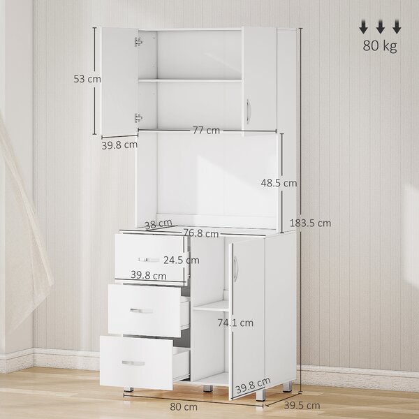 HOMCOM Free standing Kitchen Cabinet Cupboard with 2 cabinet, 3 drawers and 1 Open Space, Adjustable Height Storage Unit, White