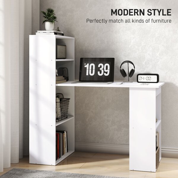 HOMCOM 120cm Modern Computer Desk Bookshelf Writing Table Workstation PC Laptop Study Home Office 6 Shelves White Aosom UK