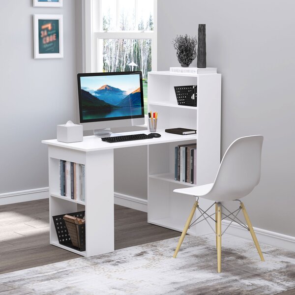 HOMCOM 120cm Modern Computer Desk Bookshelf Writing Table Workstation PC Laptop Study Home Office 6 Shelves White Aosom UK