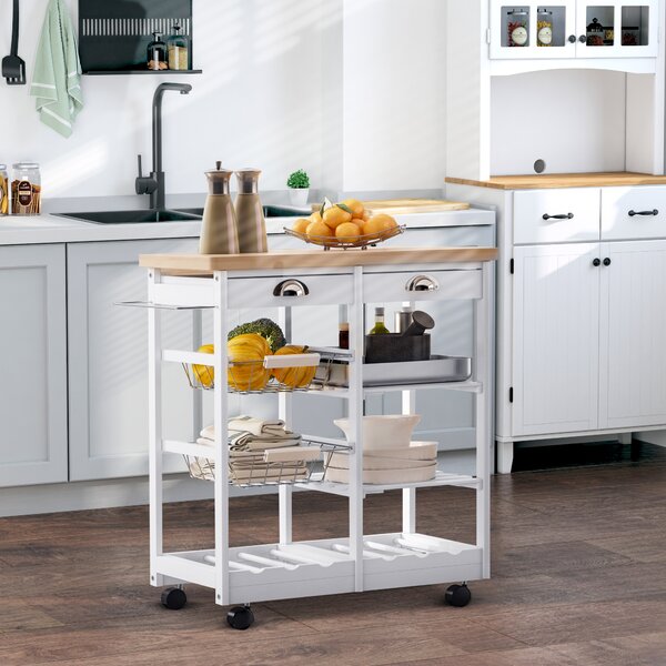 HOMCOM Rolling Kitchen Island Trolley Cart Drawer Shelves Basket Wheels W/ 6 Bottle Wine Rack White Aosom UK