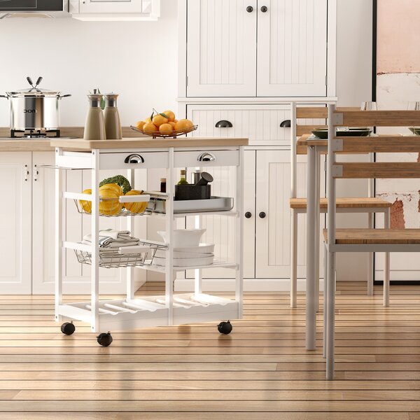 HOMCOM Rolling Kitchen Island Trolley Cart Drawer Shelves Basket Wheels W/ 6 Bottle Wine Rack White Aosom UK