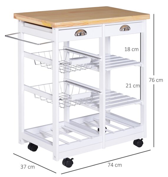 HOMCOM Rolling Kitchen Island Trolley Cart Drawer Shelves Basket Wheels W/ 6 Bottle Wine Rack White Aosom UK