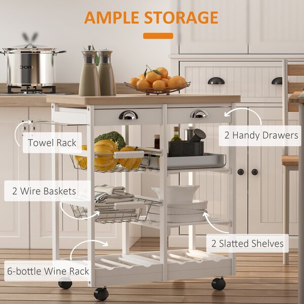 HOMCOM Rolling Kitchen Island Trolley Cart Drawer Shelves Basket Wheels W/ 6 Bottle Wine Rack White Aosom UK