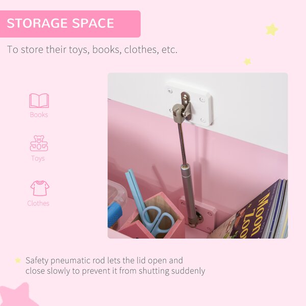 HOMCOM Wooden Toy Box Toy Storage Organizer with the Backrest, the Lid Fitted with a Gas Rod, Safe for Children, Pink Aosom UK