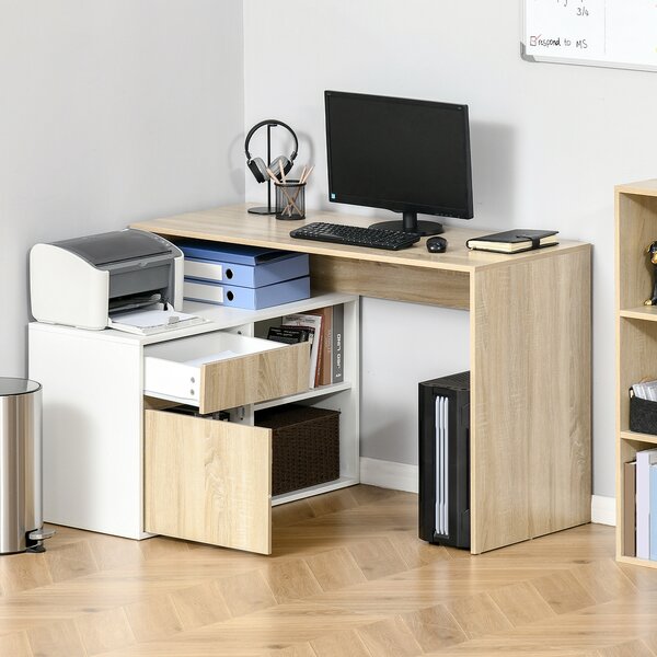HOMCOM L-Shaped Corner Computer Desk, Oak and White Study Table with Storage Shelf, Drawer for Home Office Aosom UK