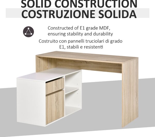HOMCOM L-Shaped Corner Computer Desk, Oak and White Study Table with Storage Shelf, Drawer for Home Office Aosom UK